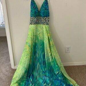 Elegant Green and Blue Evening Gown